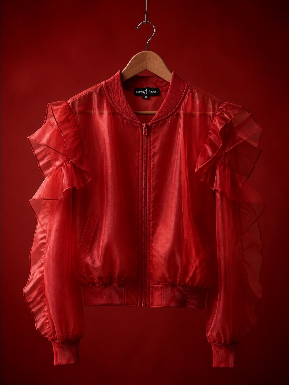 Sheer Ruffle Bomber Jacket - Red - Picture 2 of 12